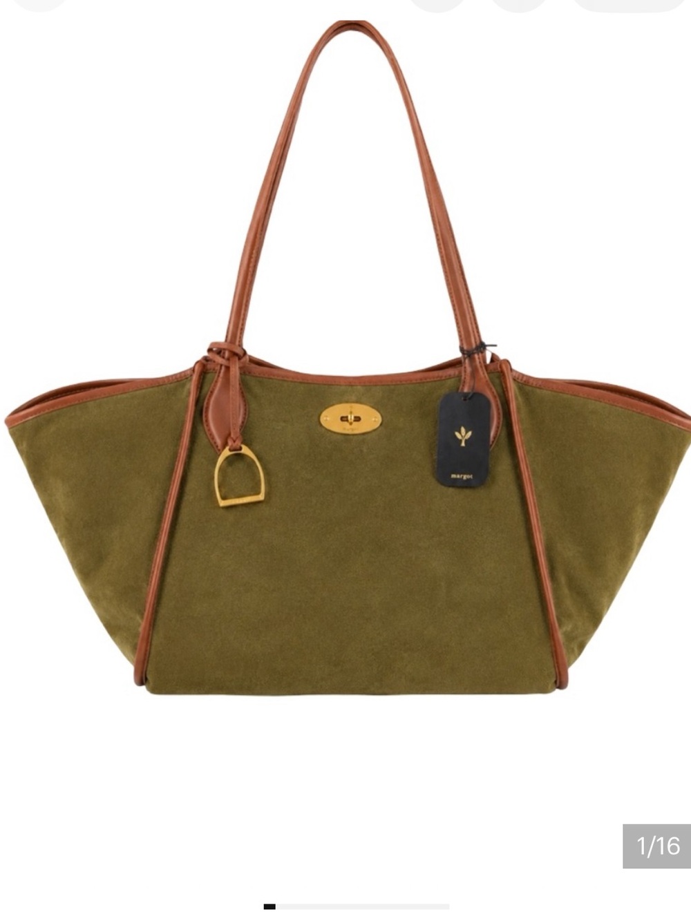 Viral Margot Olive Suede Tote with Brown Leather Trim and Gold Hardware